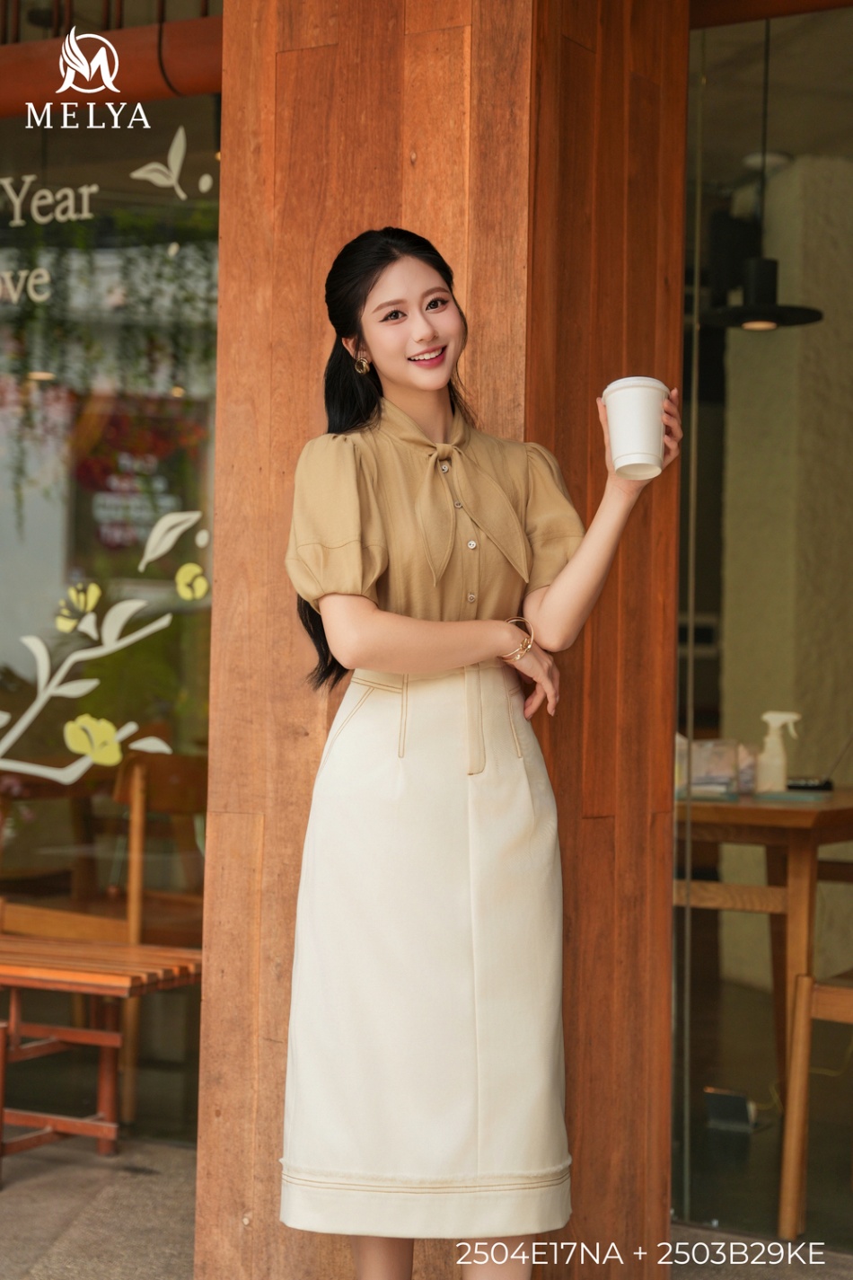Sơ mi - Cổ nơ tencel - Be