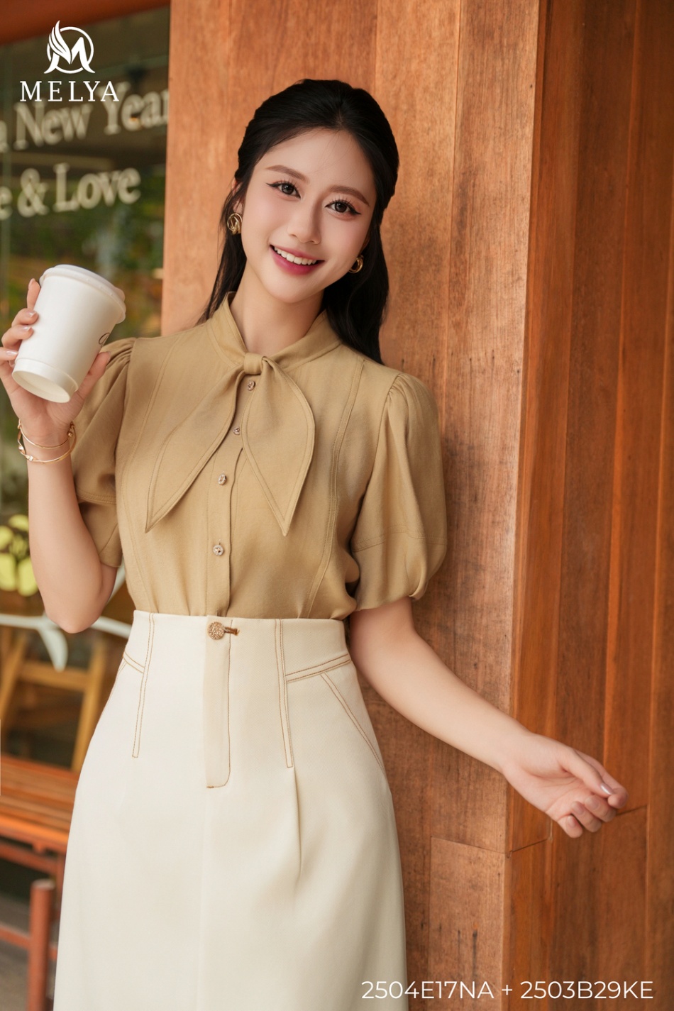 Sơ mi - Cổ nơ tencel - Be