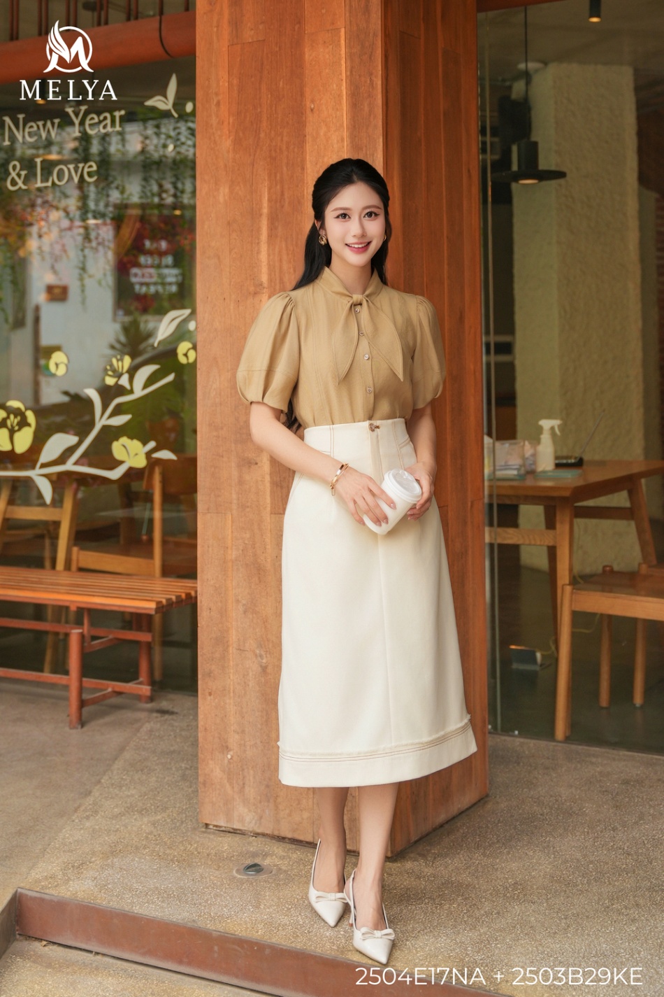 Sơ mi - Cổ nơ tencel - Be
