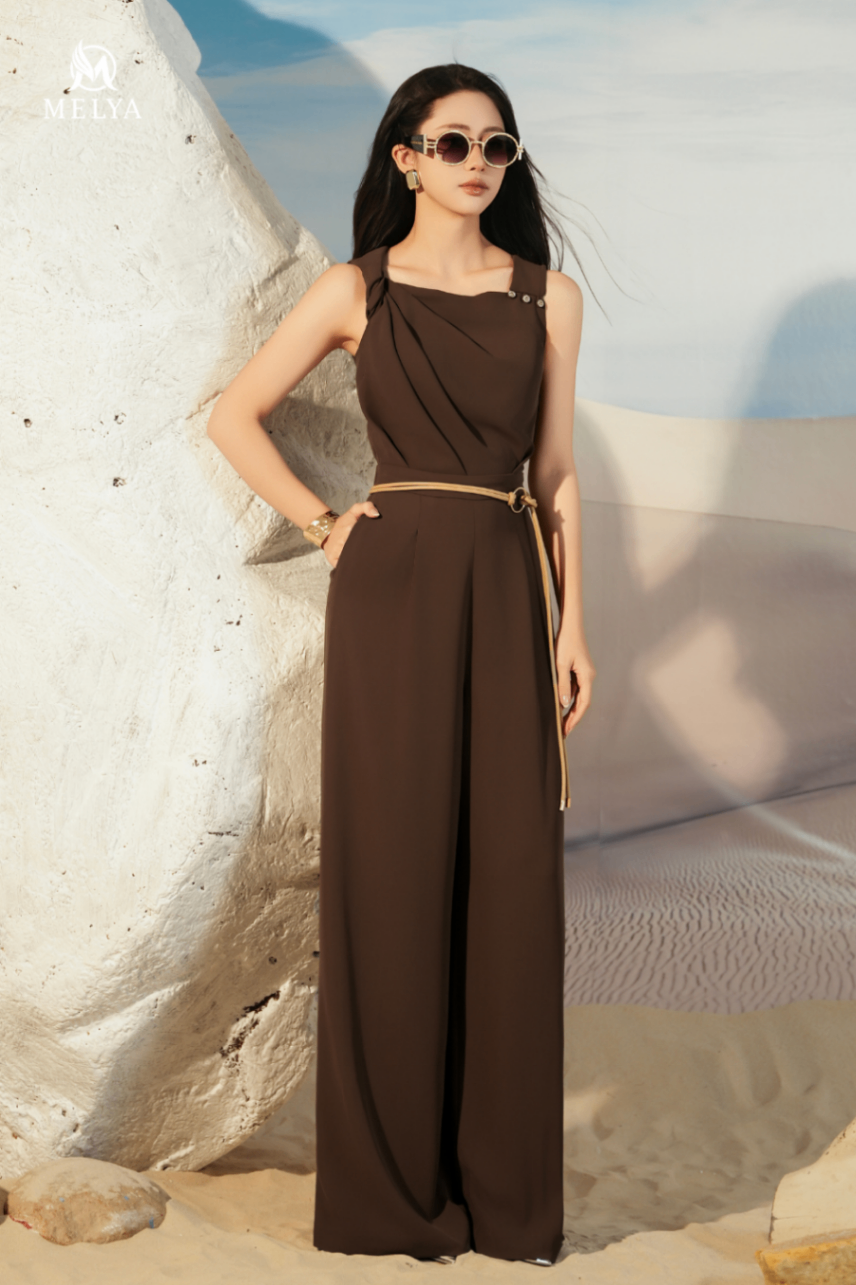 Jumpsuit - Cổ xoắn cách điệu - Nâu tây