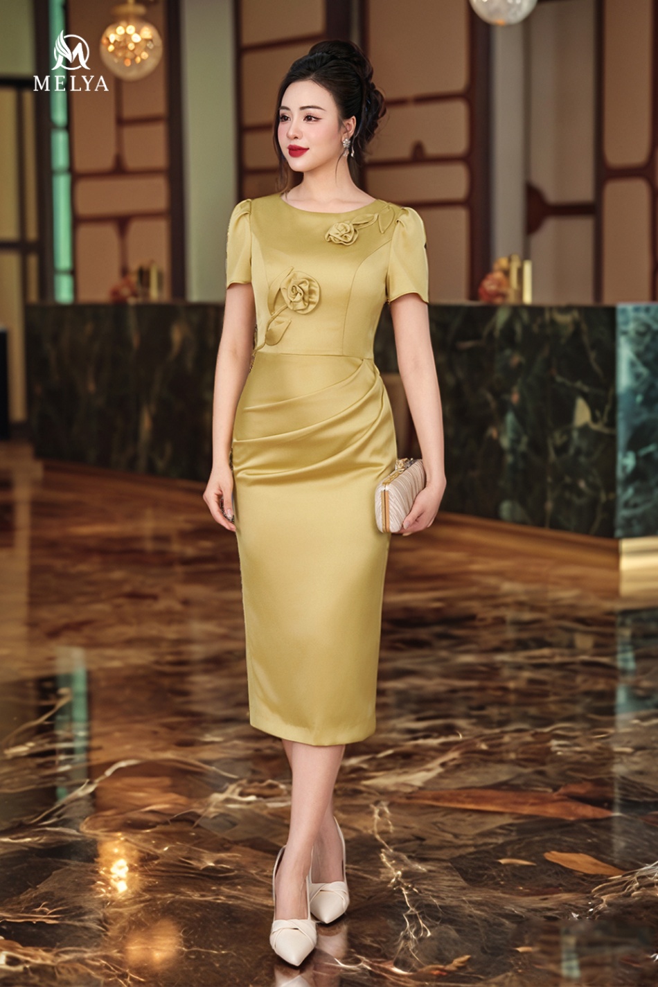 Đầm ôm - Hoa 3D ngực xếp ly eo - Vàng
