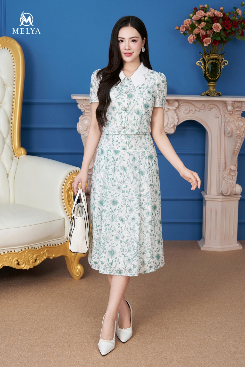 Set bộ - Áo kiểu croptop + chân váy xoè - Xanh lá phối trắng