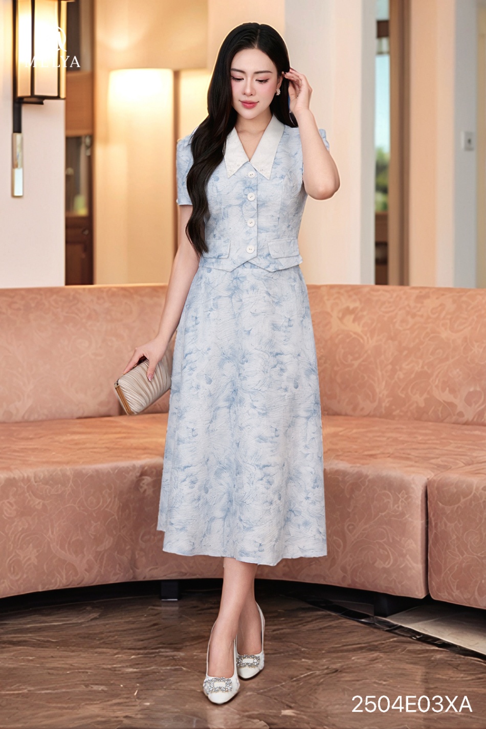 Set bộ - Áo kiểu gile + chân váy xoè phối cổ lụa - Xanh pastel