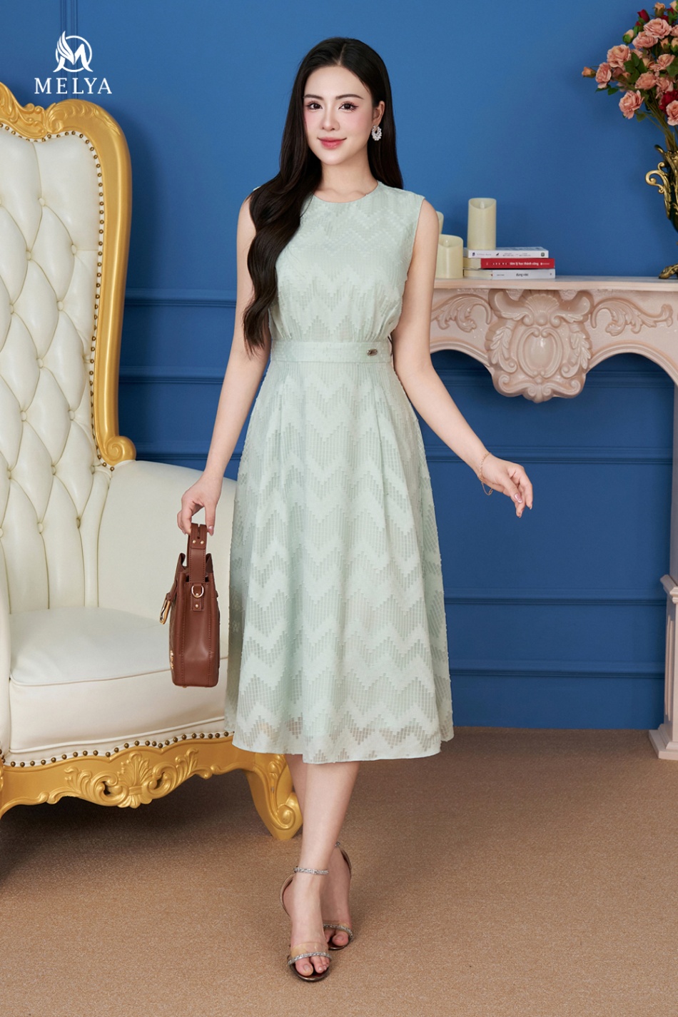 Đầm xoè - Nhún ngực ren - Xanh bạc hà