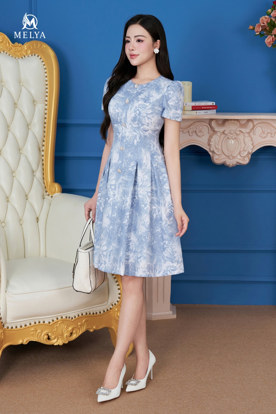 Đầm xòe - Cổ tròn họa tiết hoa - Xanh pastel