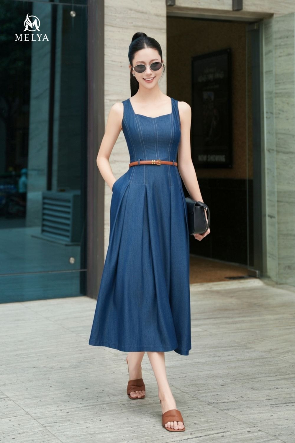 Đầm xòe - Hai dây cổ én denim kèm belt nâu - Xanh tím than sáng