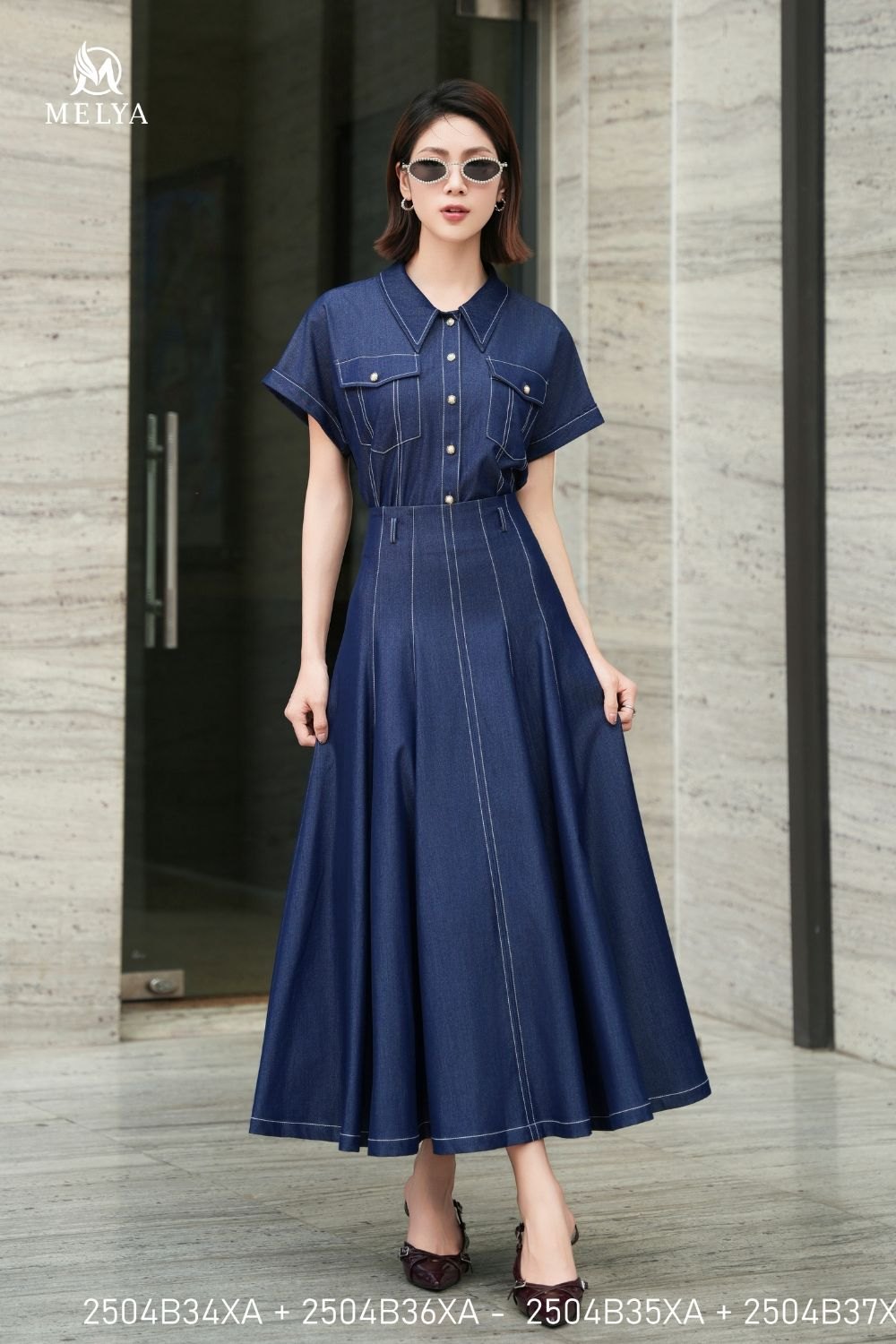Áo sơ mi - Cổ đức tay chờm denim - Xanh tím than sáng