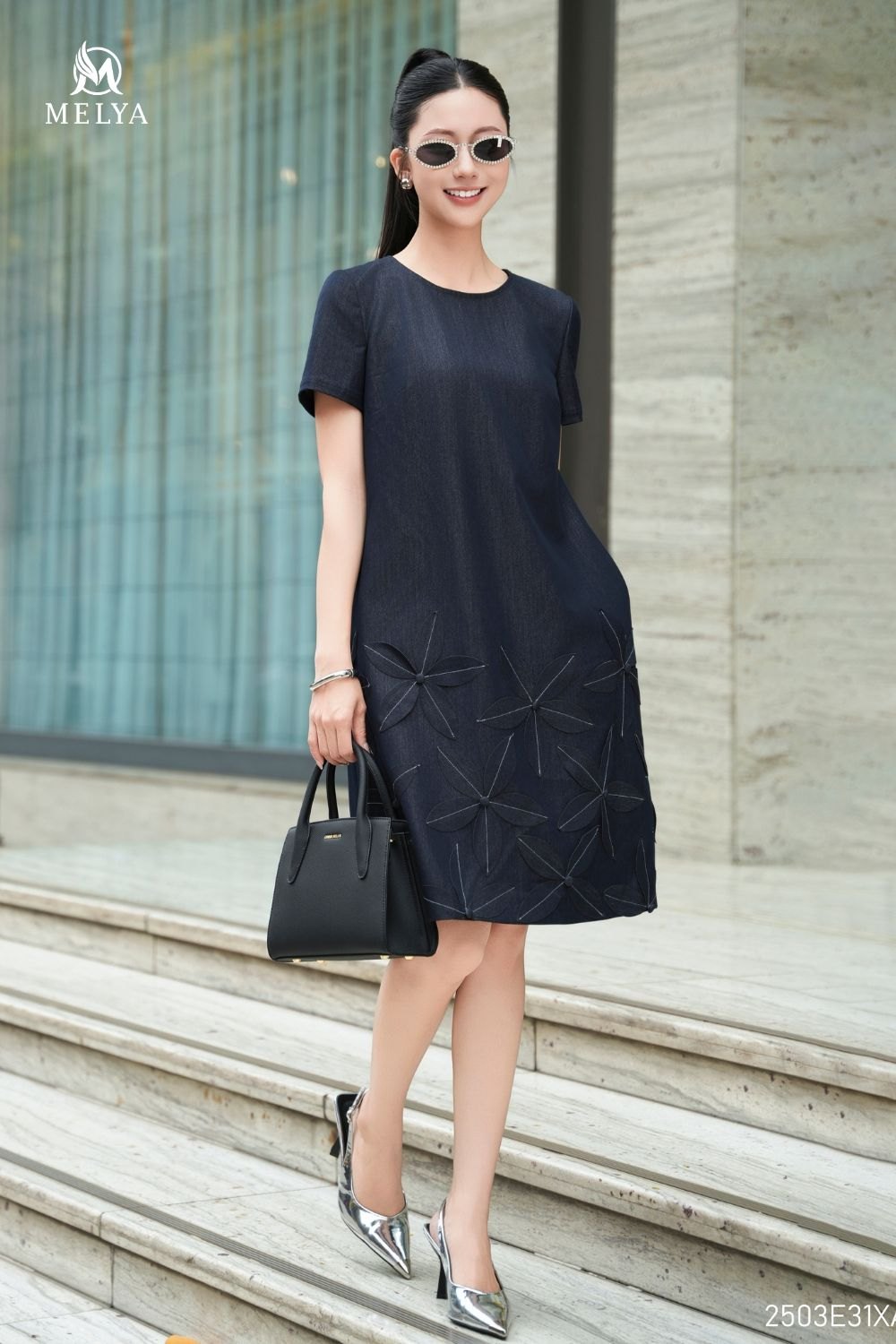 Đầm suông - Trần hoa 3D denim - Xanh tím than