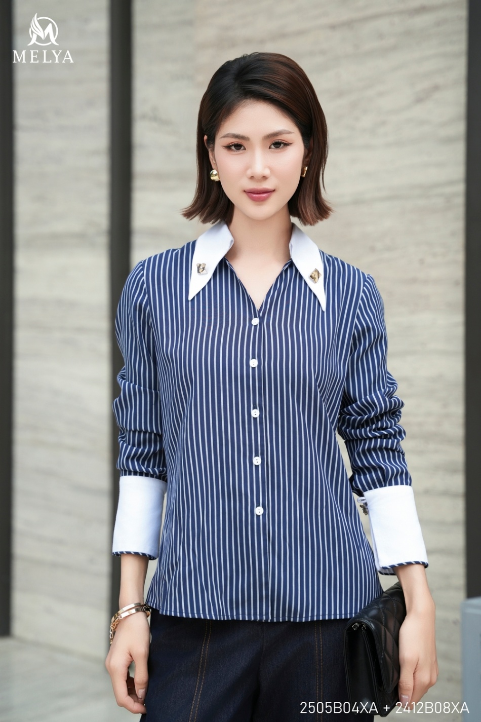 Sơ mi - Kate kẻ phối cúc cổ - Xanh tím than phối trắng
