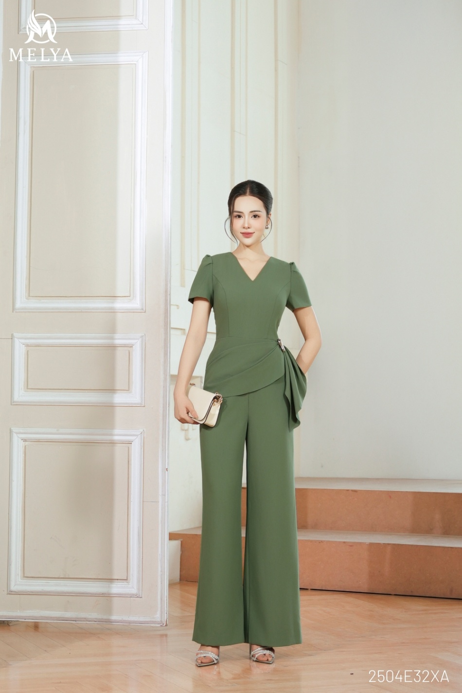 Jumpsuit - Xếp ly eo - Xanh oliu
