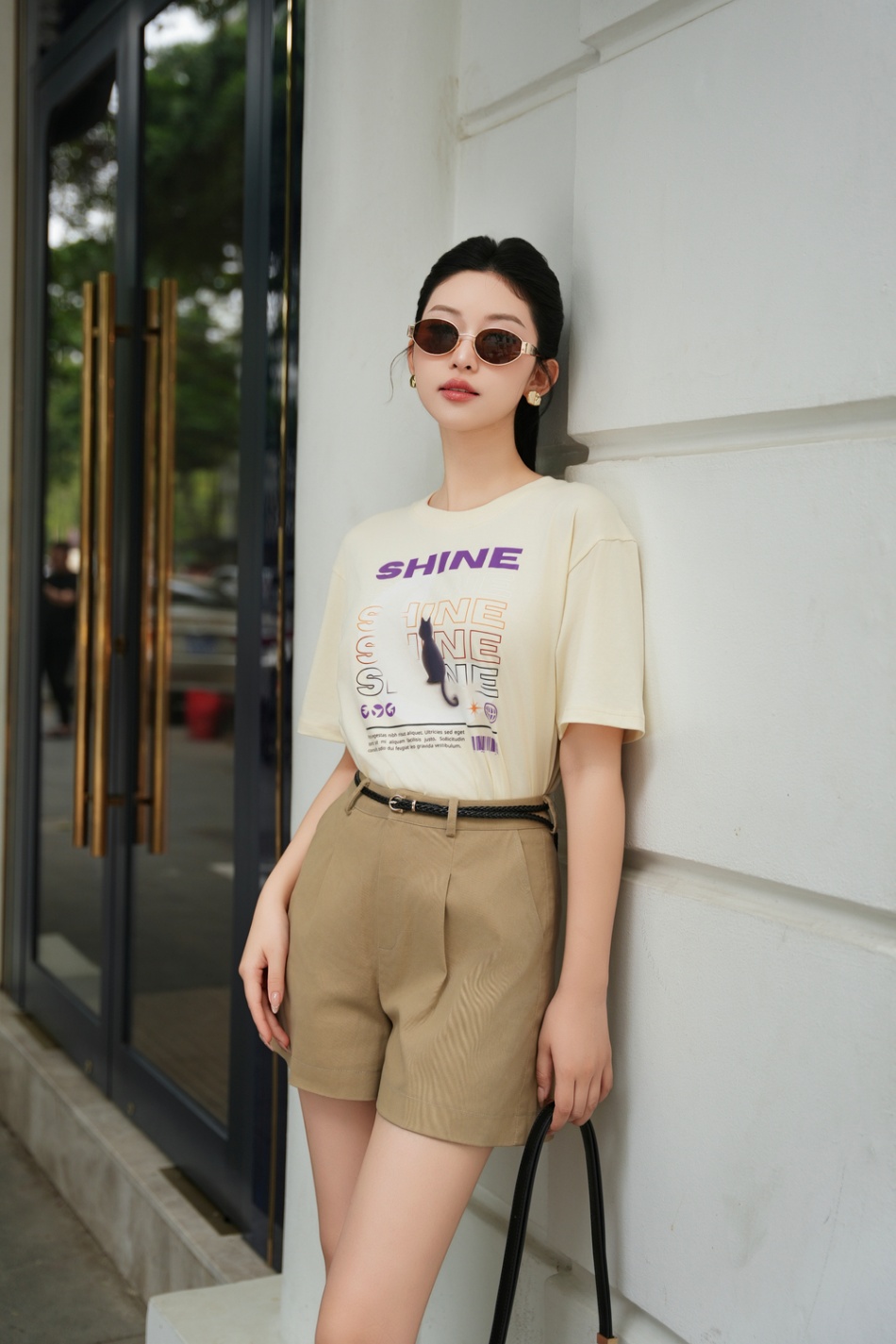 Áo phông - Oversize in hình mèo dễ thương - Be