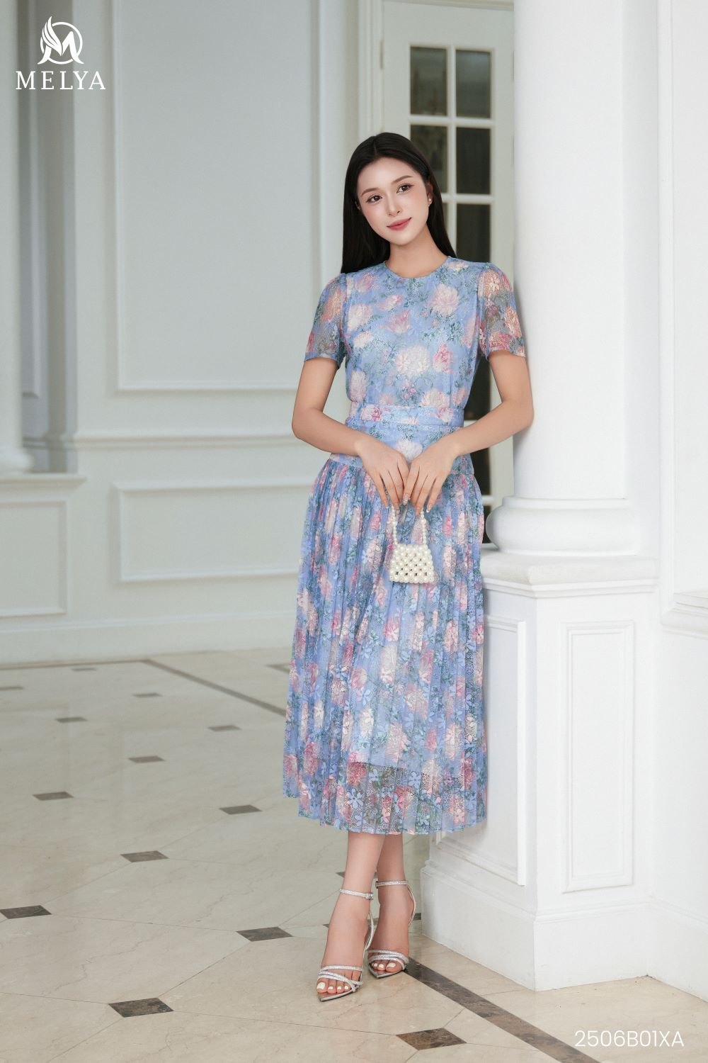 Set bộ - Áo sơ mi + Chân váy dập ly ren in hoa 3D - Feminine - Xanh dương