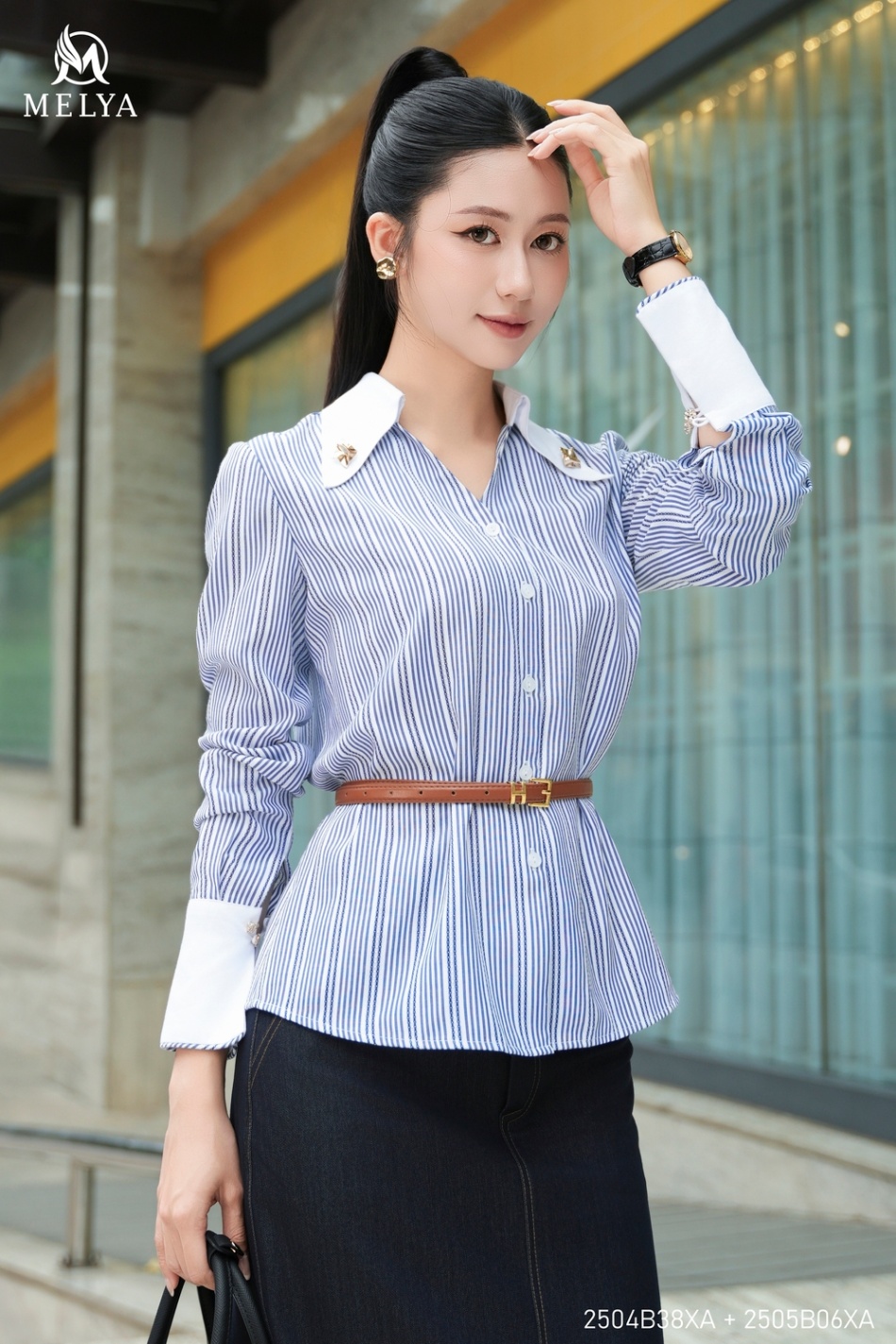 Sơ mi - Kate kẻ phối cúc cổ - Xanh pastel phối trắng