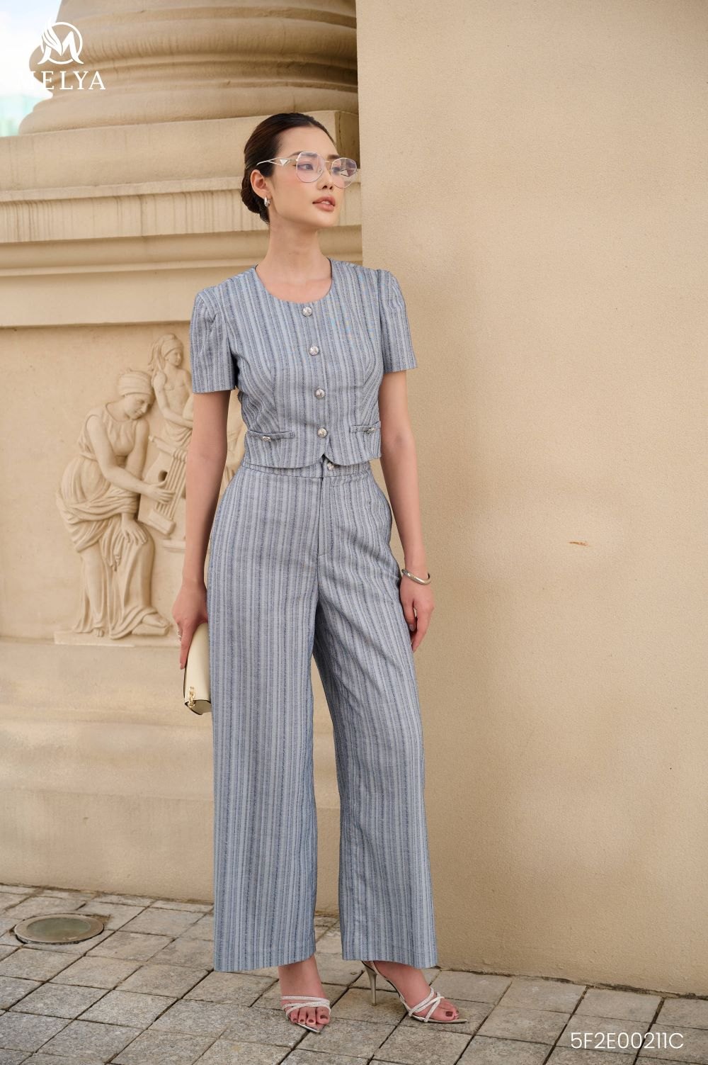 Set bộ - Áo crop tay phồng + Quần suông linen kẻ - Xanh ghi xám
