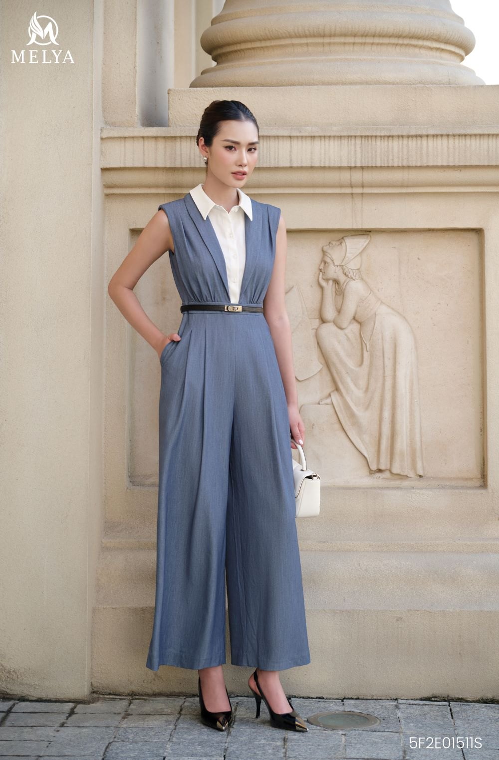 Jumpsuit - Denim 2 in1 for work - Xanh xám phối trắng