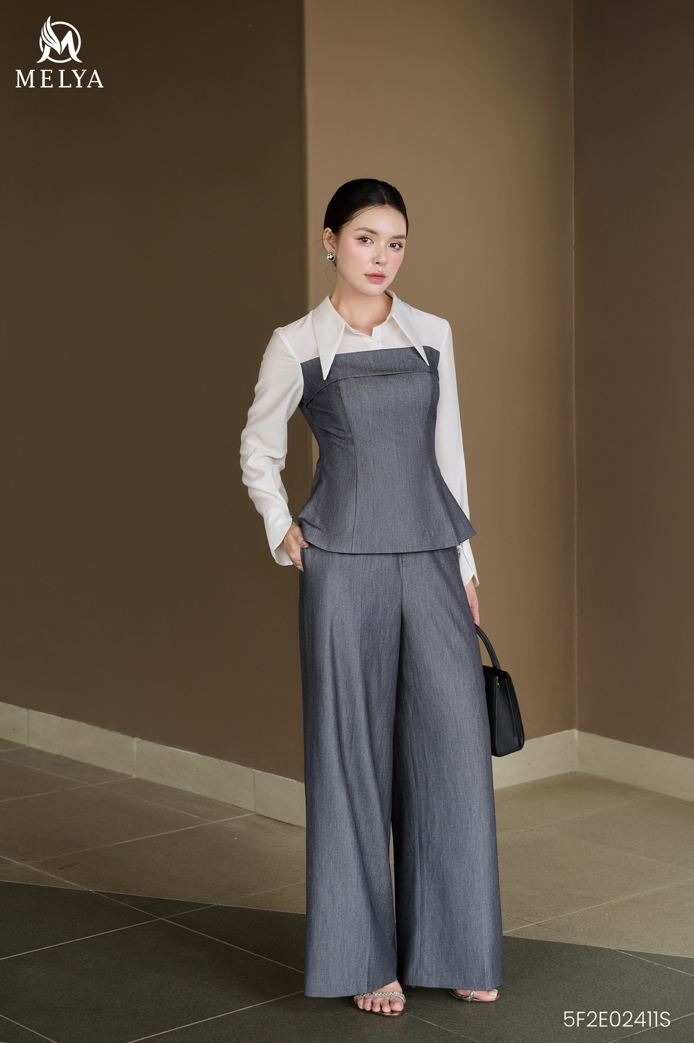 Set bộ - Áo kiểu + Quần - Evelyn Layered - Xám phối trắng