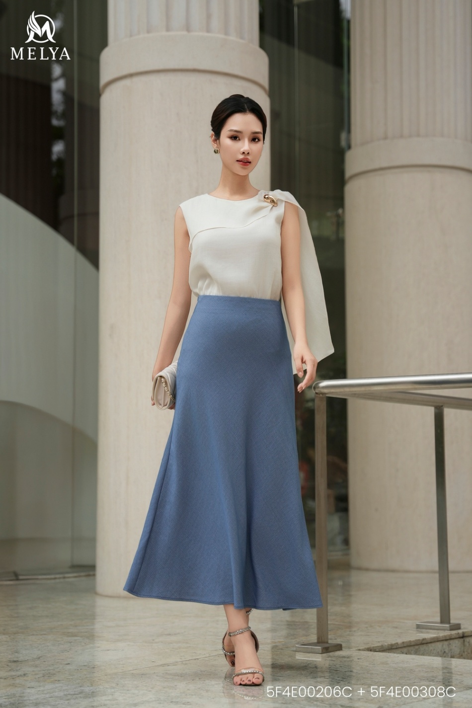 Chân váy - Dài denim vân - Xanh dương