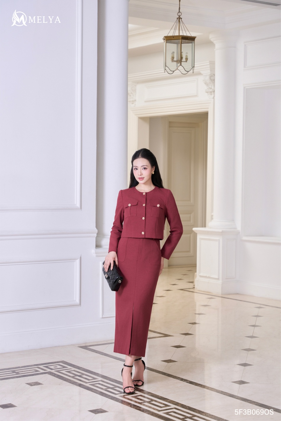 Set bộ - Rust Bloom áo khoác lửng & chân váy bút chì - Đỏ nâu sẫm