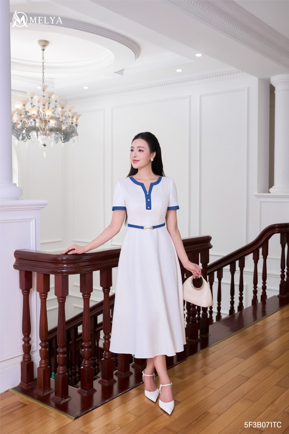 Đầm xòe - Soft Flare phối Denim - Trắng