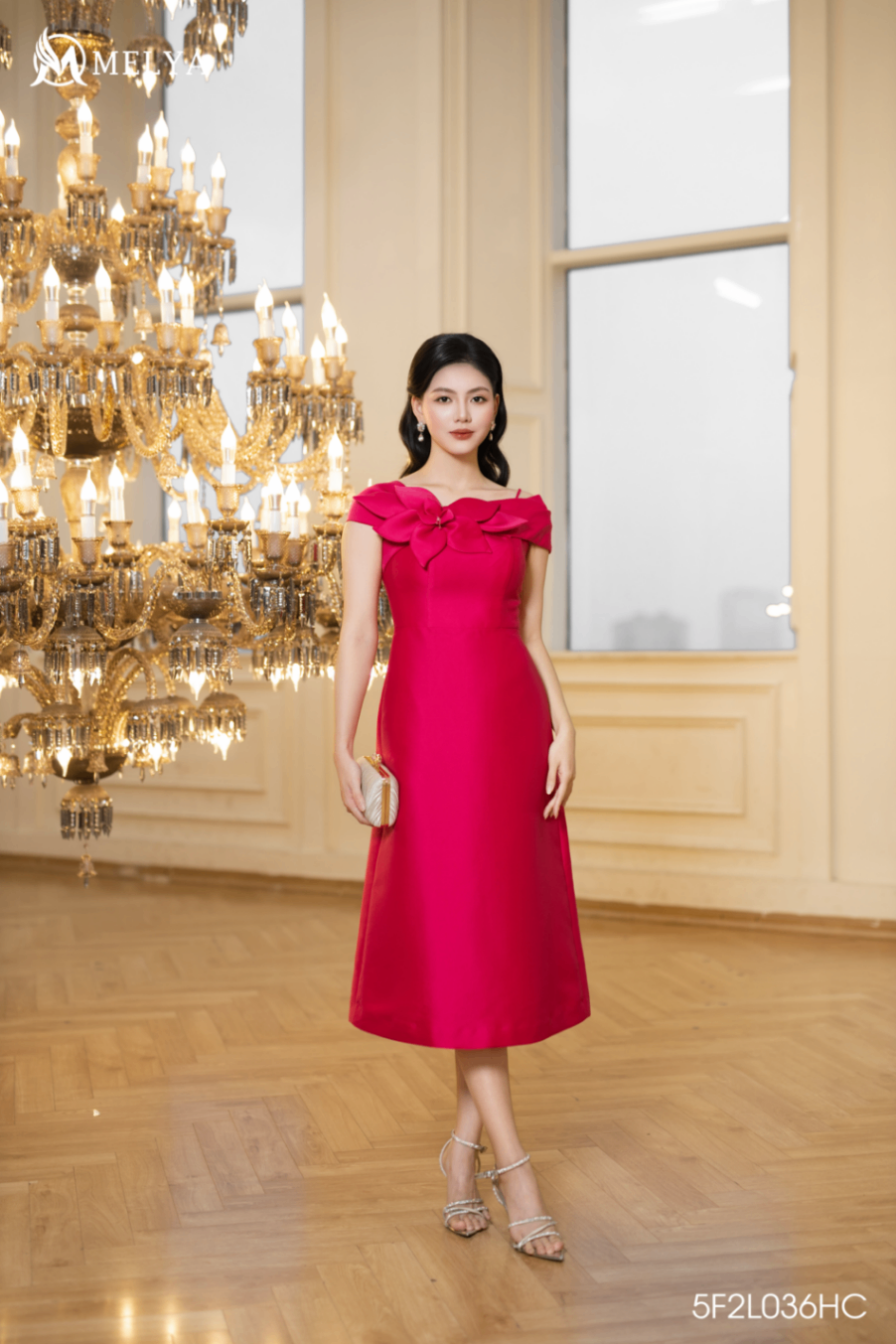 Đầm A - Roselle Gown dress dài trễ vai hoa 3D - Hồng sen