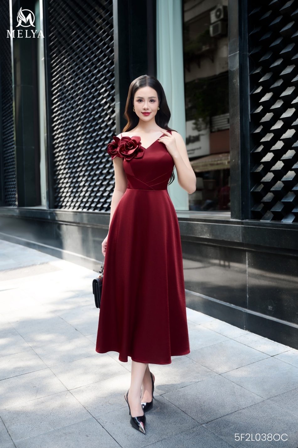 Đầm xòe - Sephina dress lụa Hàn đính hoa vai - Đỏ đô