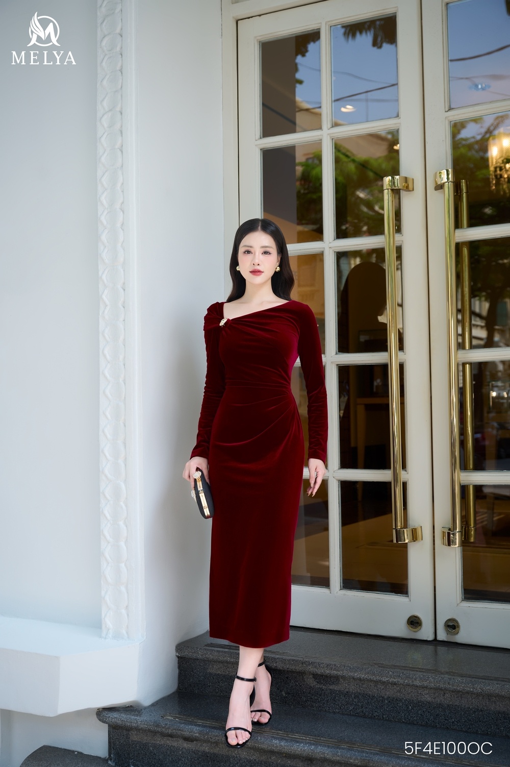Đầm ôm - Ruby Elegance nhung xếp nếp - Đỏ rượu vang