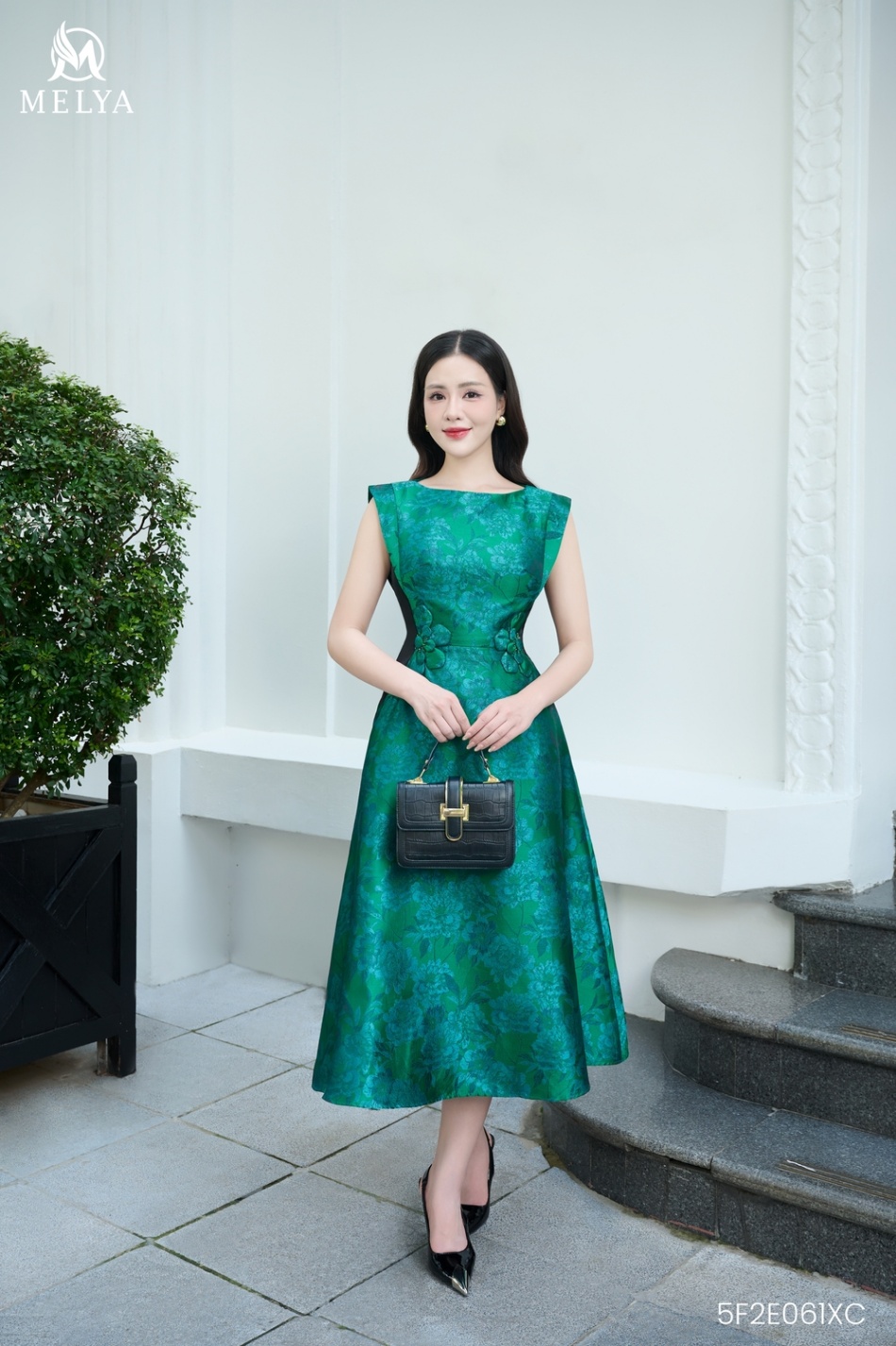 Đầm xòe - Emeral dress gấm hoa xanh phối eo - Xanh lá phối đen