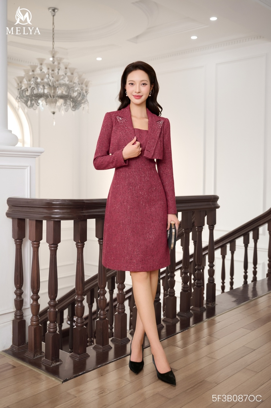 Set bộ - The Raspberry đầm & áo khoác lửng - Đỏ