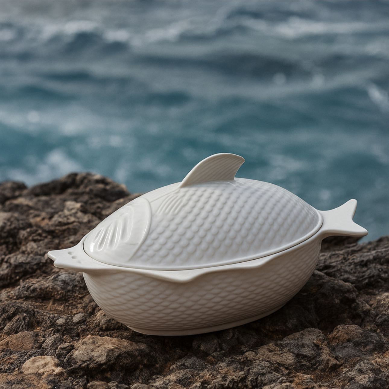 Fish Bowl With Lid - Thố Canh/Cơm Cá Với Nắp Sứ Trắng