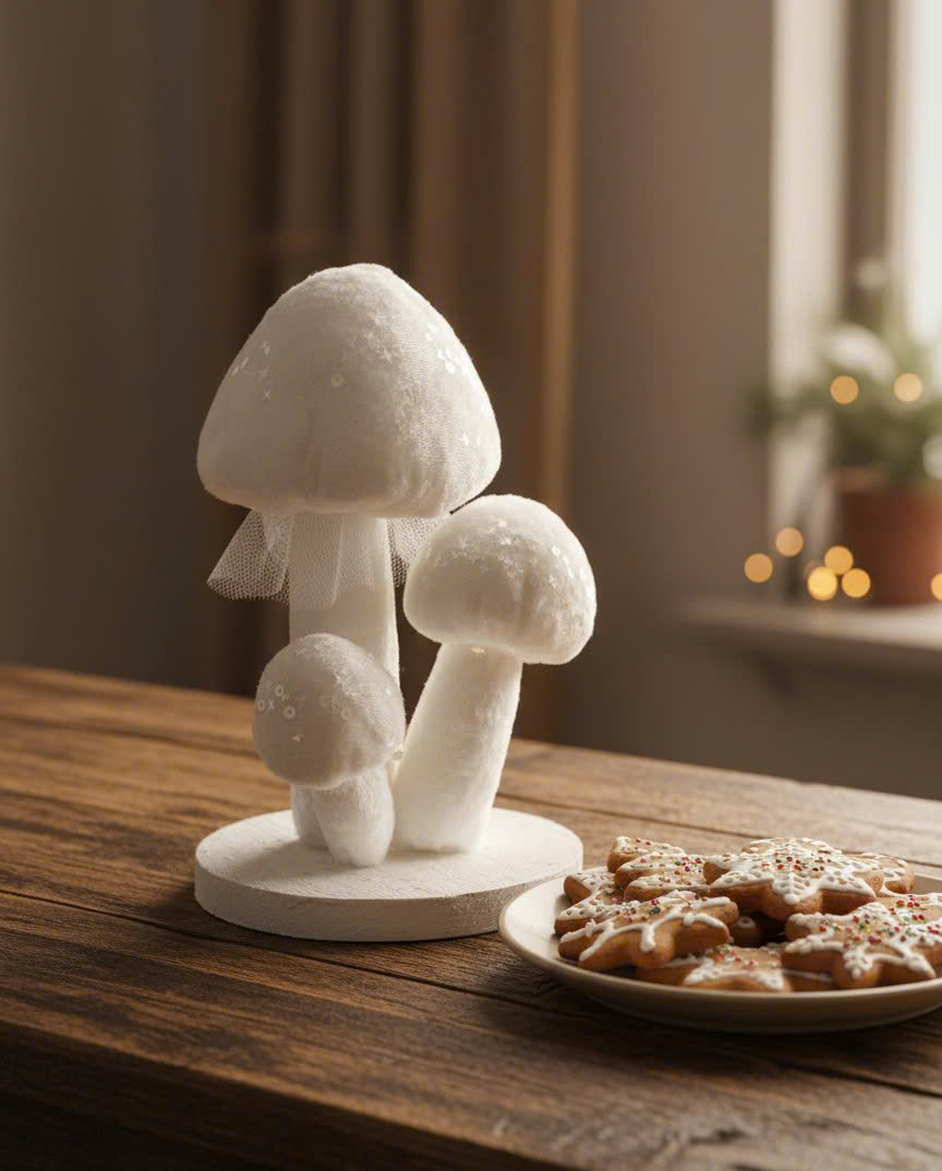 Decorative White Plush Fabric Mushroom - Cây Nấm Nhung Trắng 10,5x10x15CM
