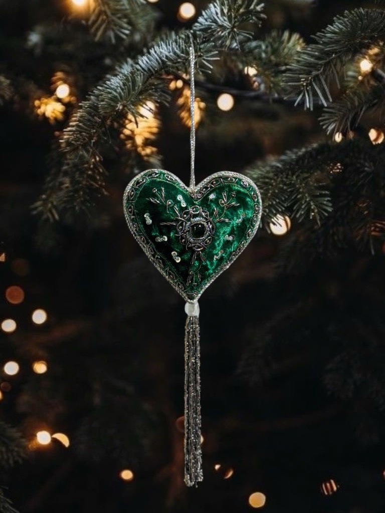 Fabric Embroidered Heart Tassel Ornament