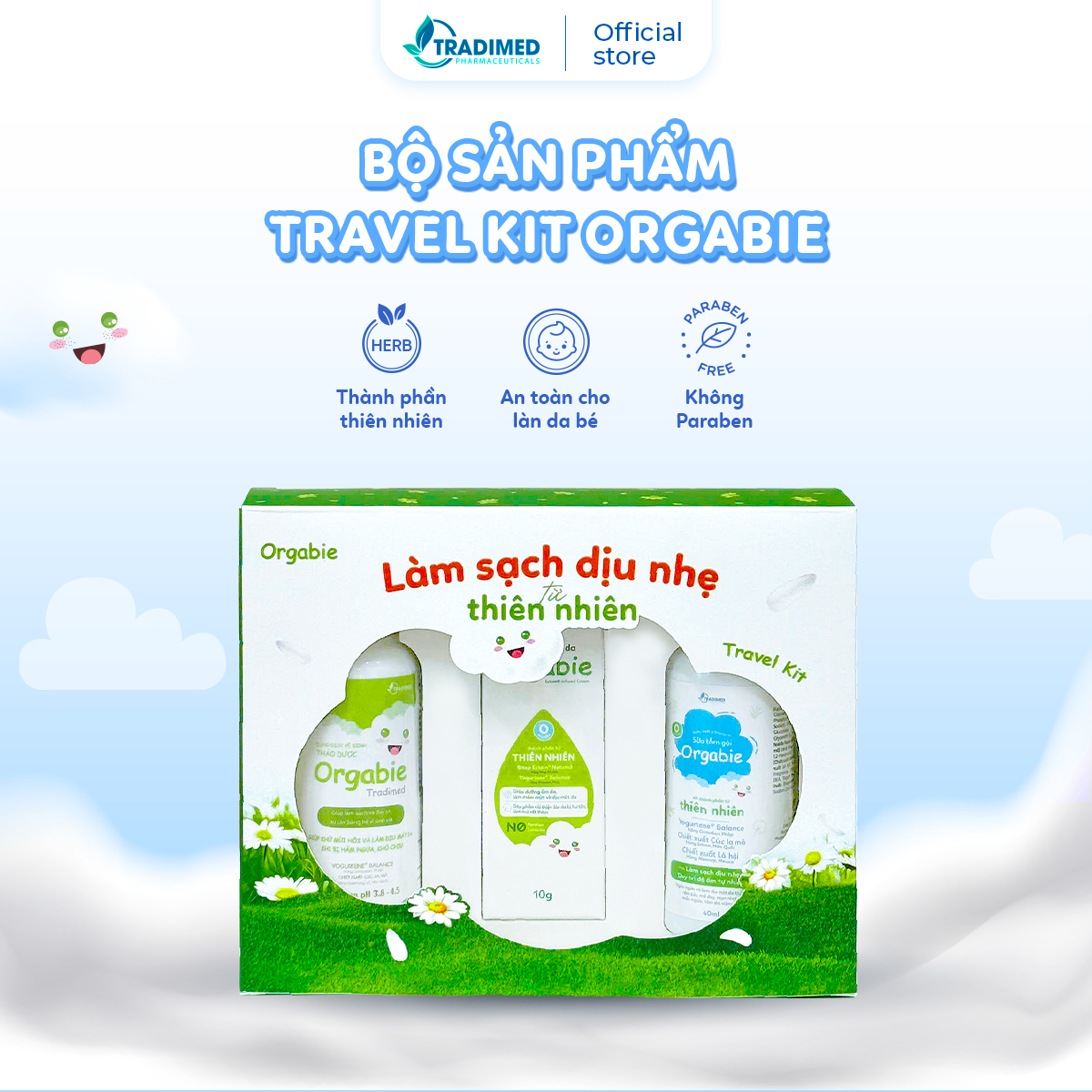 Bộ sản phẩm TRAVEL KIT chăm sóc bé Orgabie - Tradimed Pharma, Làm Sạch Dịu Nhẹ, An Toàn Cho Làn Da Của Bé