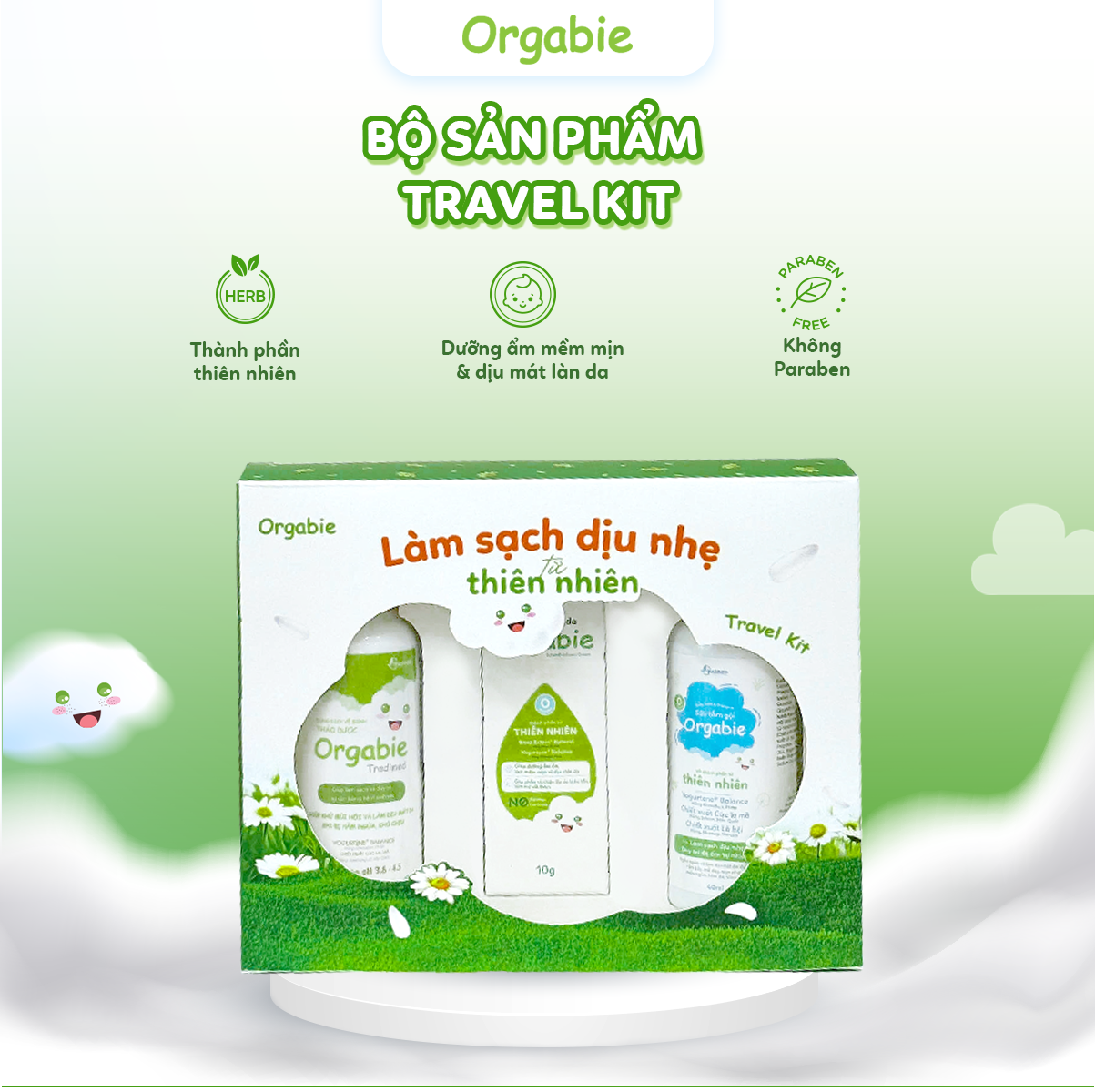 Bộ sản phẩm TRAVEL KIT chăm sóc bé Orgabie - Tradimed Pharma, Làm Sạch Dịu Nhẹ, An Toàn Cho Làn Da Của Bé