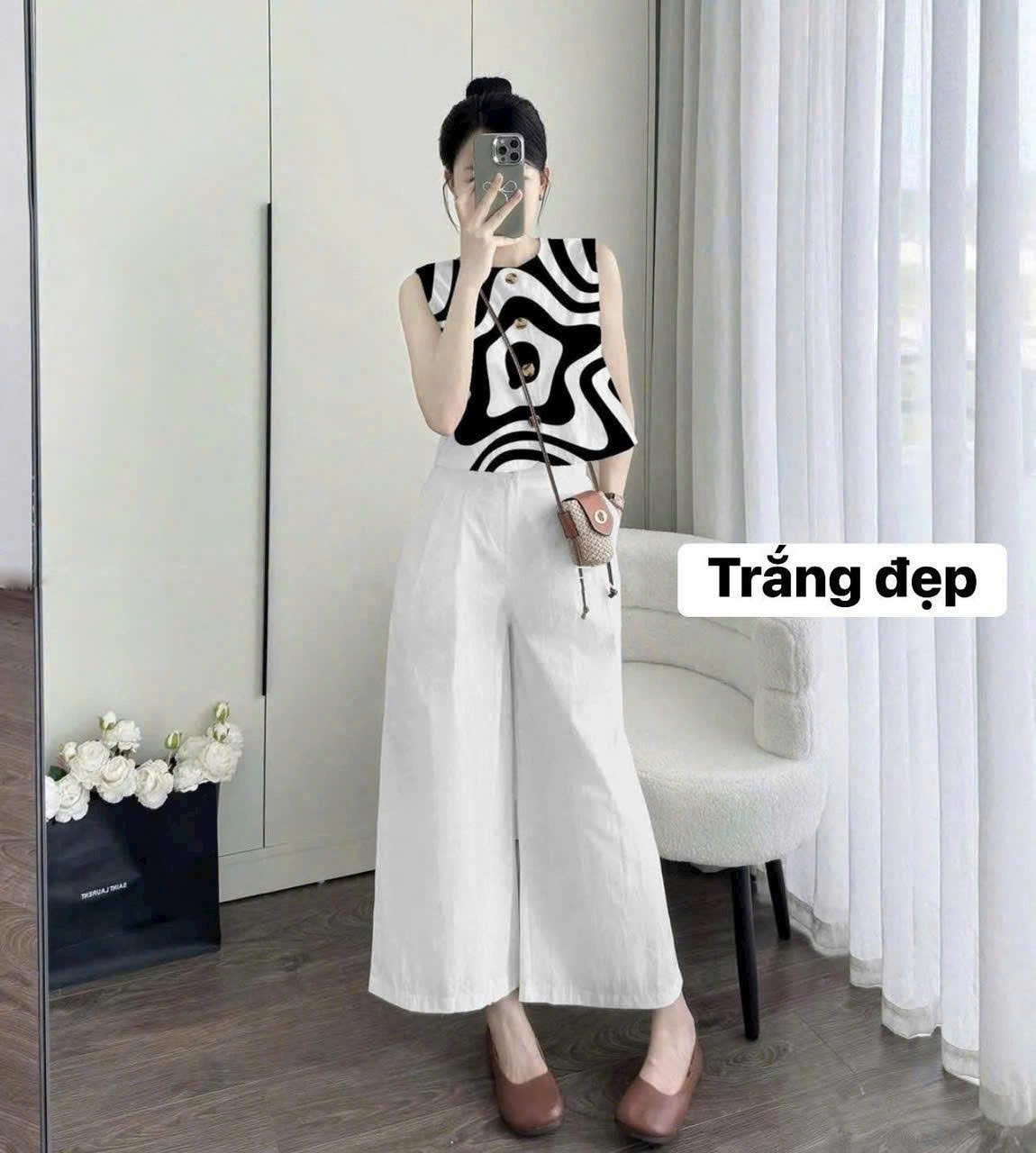 Bộ đồ nữ thanh lịch đi chơi đi du lịch sang trọng, áo sát nách quần dài ống rộng - EK