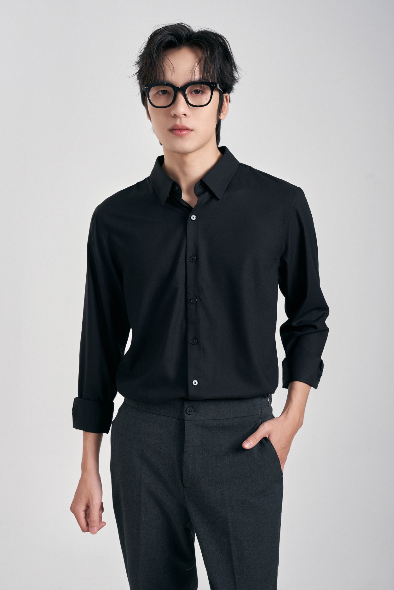 Áo Sơ Mi Cổ Đức Dài Tay Slim 3176 - Đen - 2XL