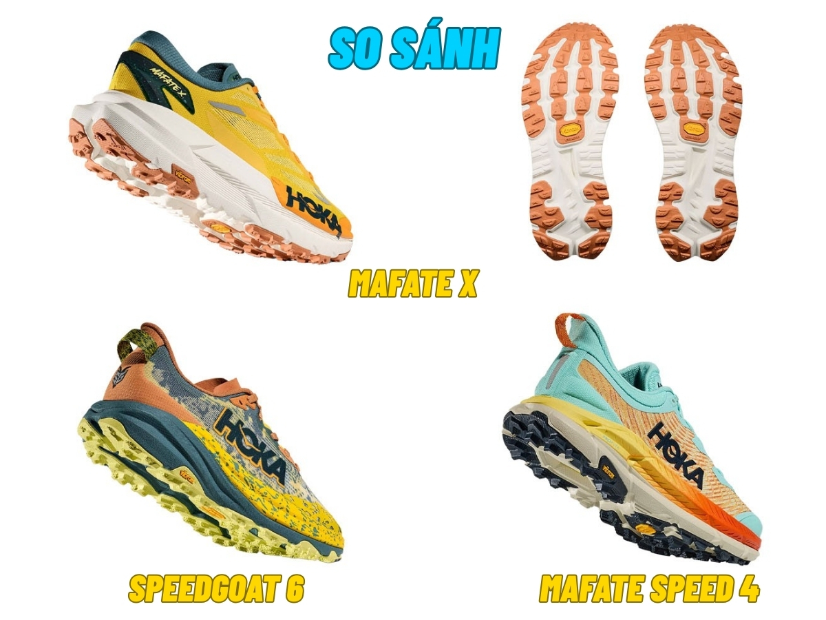 So sánh giày chạy trail Hoka Mafate X, Hoka Speedgoat 6, Hoka Mafate Speed 4