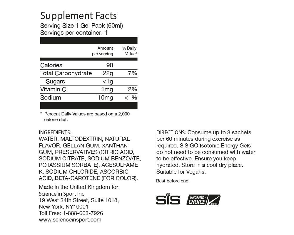 Thành phần dinh dưỡng của SiS Isotonic Energy Gel