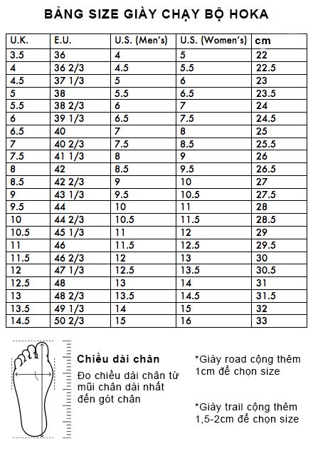 Bảng size giày chạy bộ Hoka