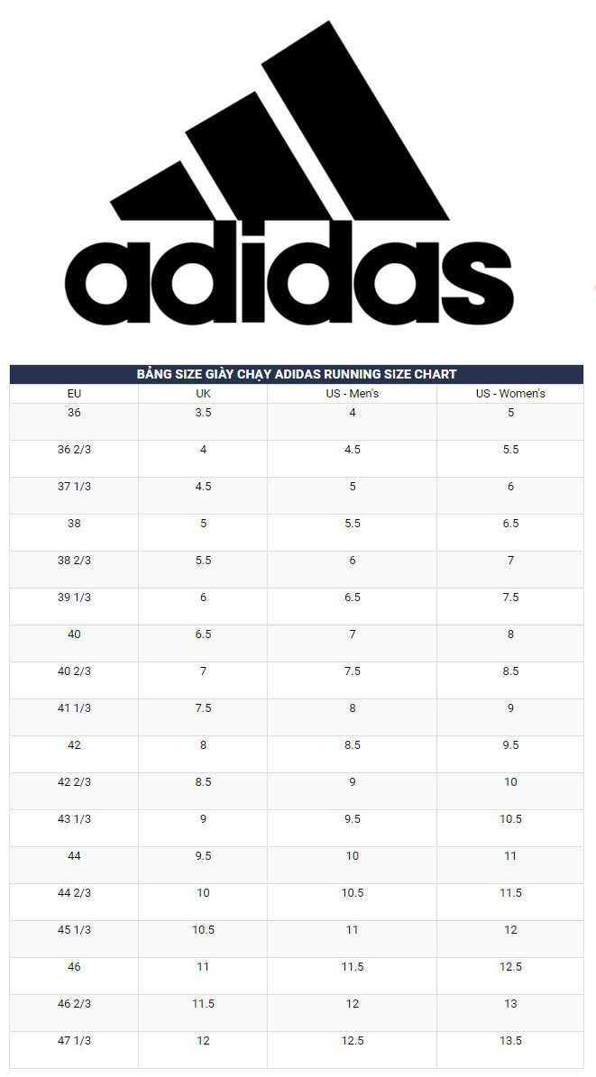 Bảng size giày chạy bộ Adidas