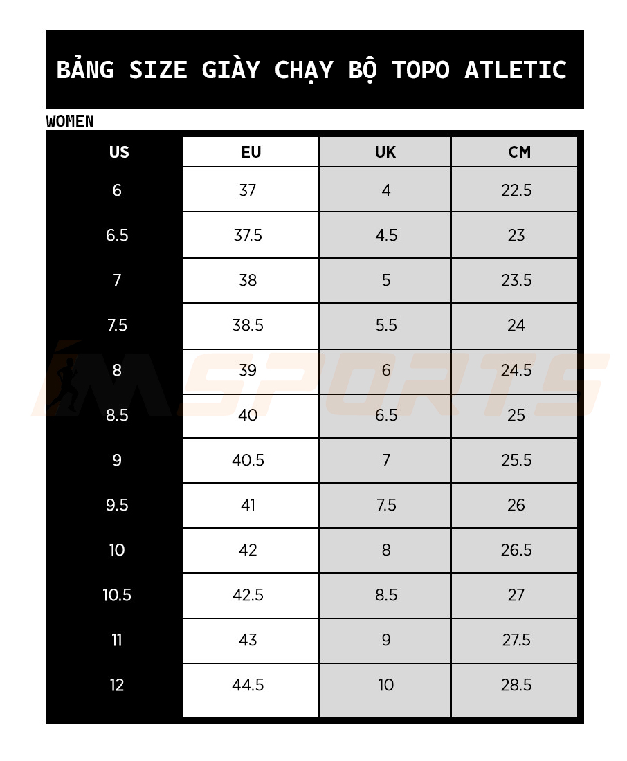 Bảng size giày chạy bộ Topo nữ