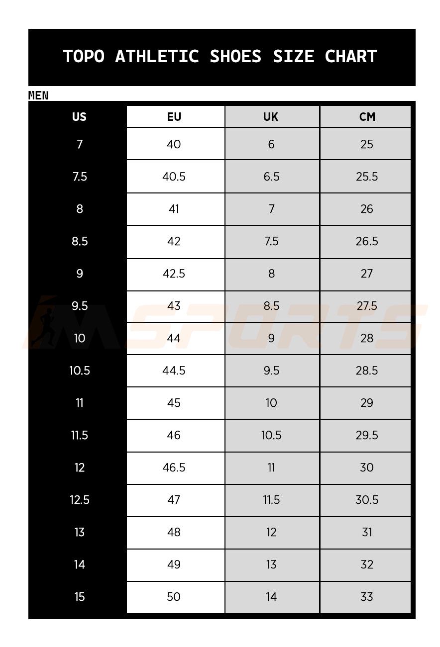 Bảng size giày chạy bộ Topo nam