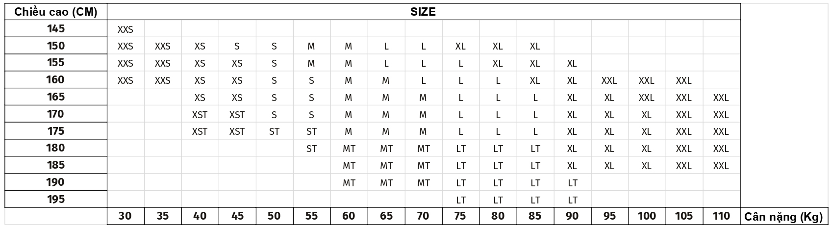 Bảng size quần dài chạy bộ 2xu nữ