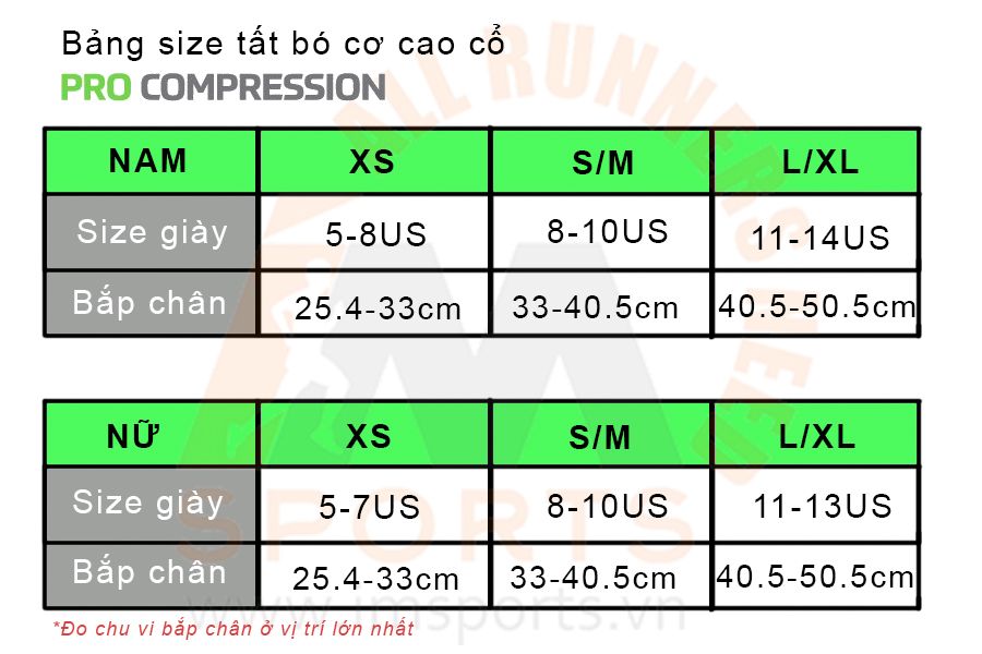 Bảng size tất Pro Compression