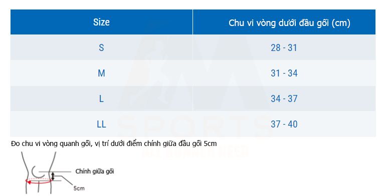 bảng size Đai hỗ trợ bảo vệ đầu gối ZAMST RK-1