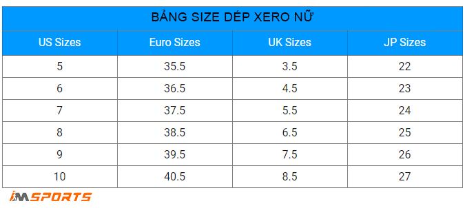 Bảng size dép chạy bộ nữ Xero