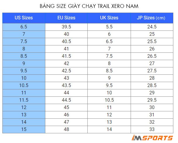 Bảng size giày chạy trail Xero nam