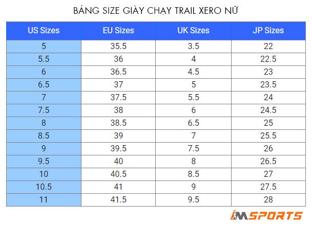 Bảng size giày chạy trail Xero nữ