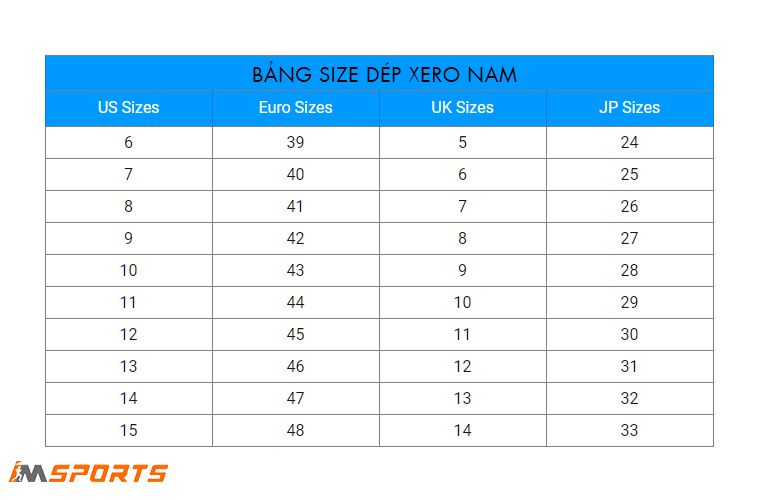 Bảng size dép chạy bộ Xero nam