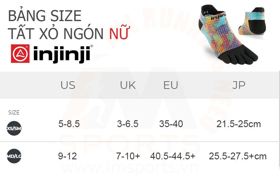 Bảng size tất chạy bộ Injinji nữ