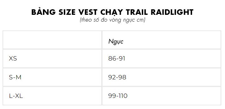 Bảng size vest raidlight